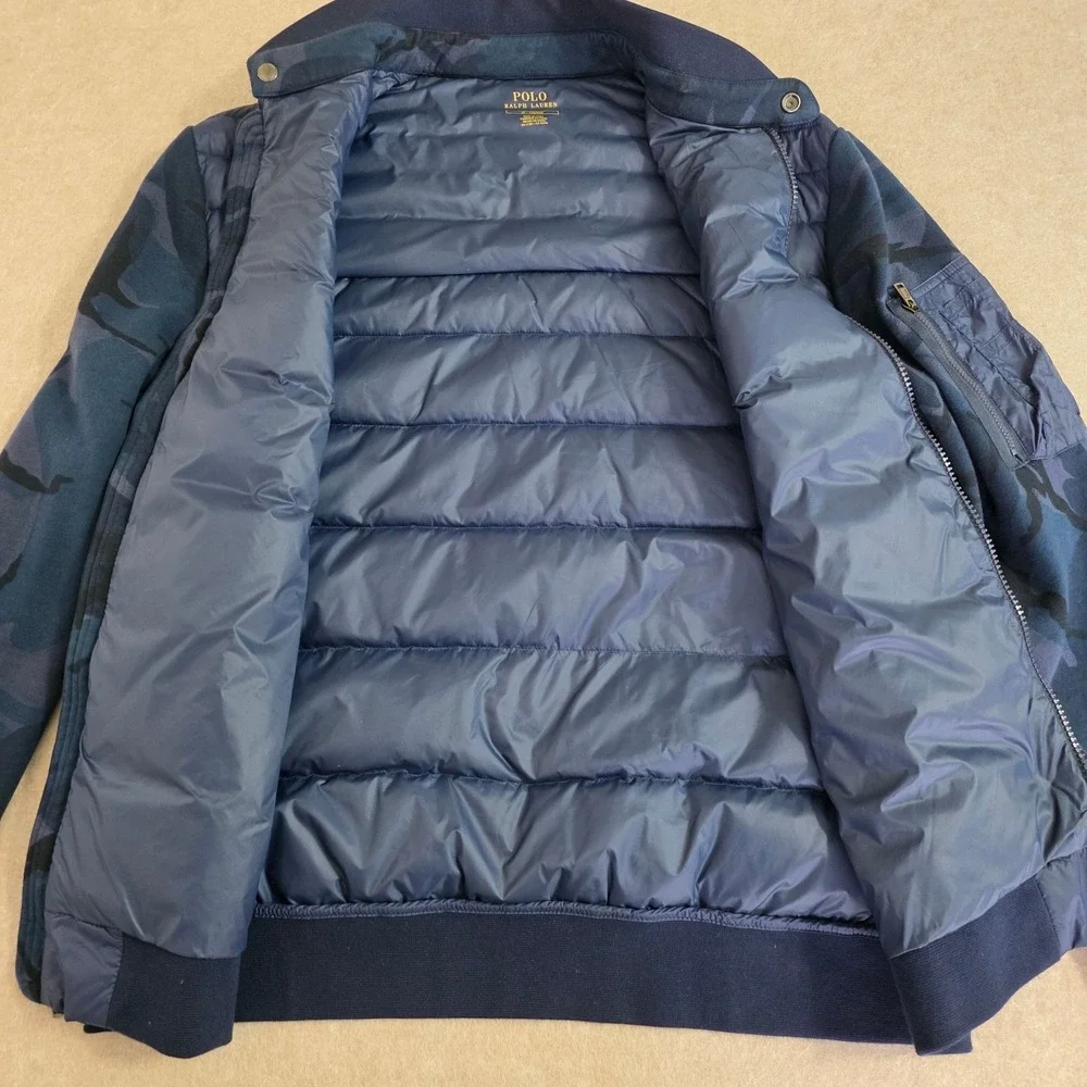 Polo Ralph Lauren Down Hybrid Jacket Sz M Blue‎ Camo Logo Quilt Preppy Old Money